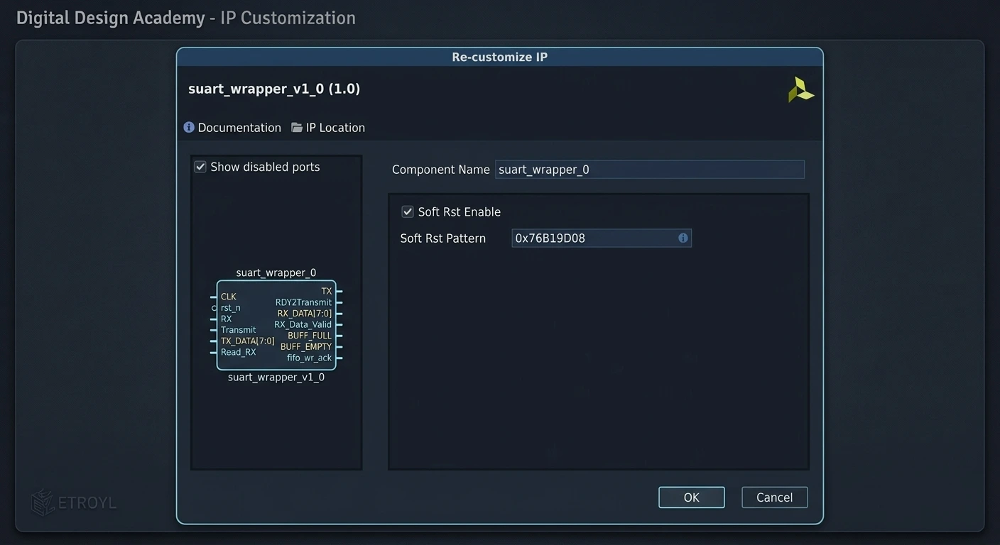 SuperUART IP configuration GUI in the FPGA design tool.